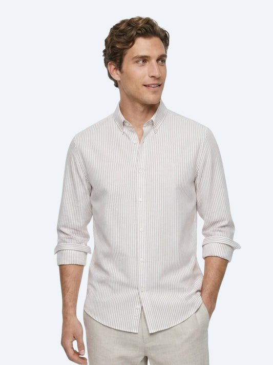 Bej Çizgili Regular Fit Uzun Dokuma Casual %100 Pamuk Gömlek