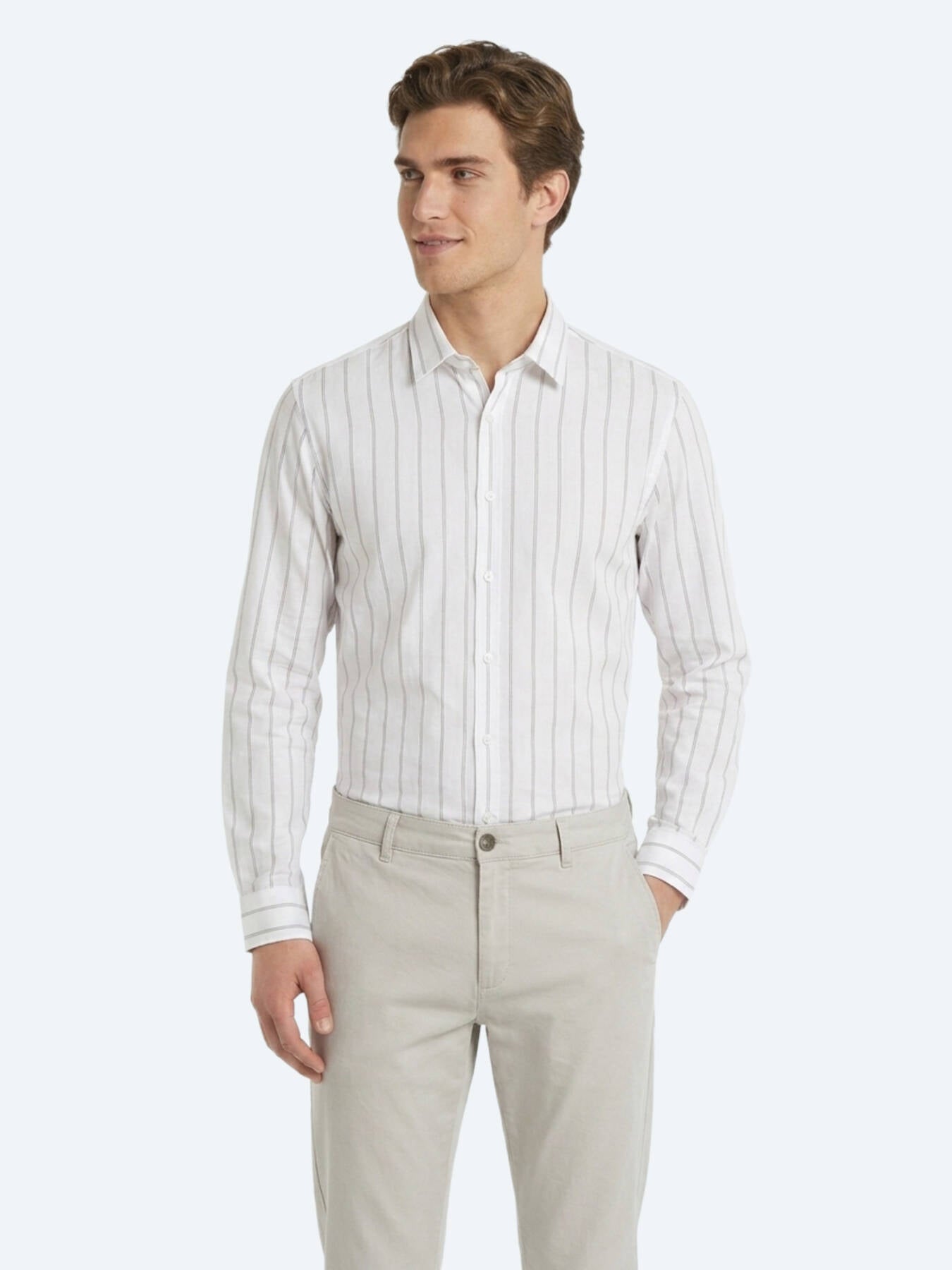 Bej Çizgili Regular Fit Uzun Dokuma Casual Pamuk Karışımlı Gömlek