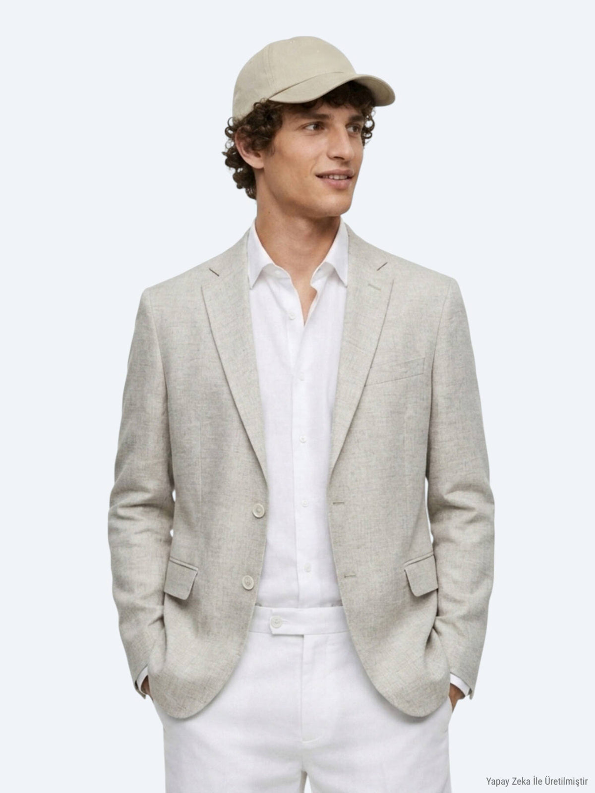 Bej Desenli Modern Fit Keten Karışımlı Ceket