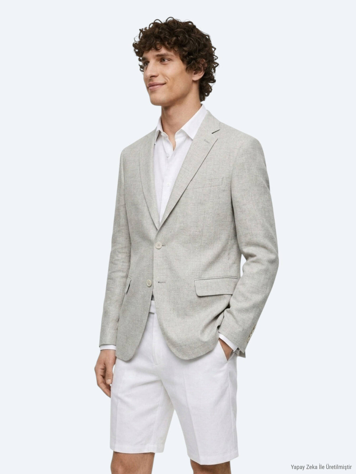 Bej Desenli Modern Fit Keten Karışımlı Ceket
