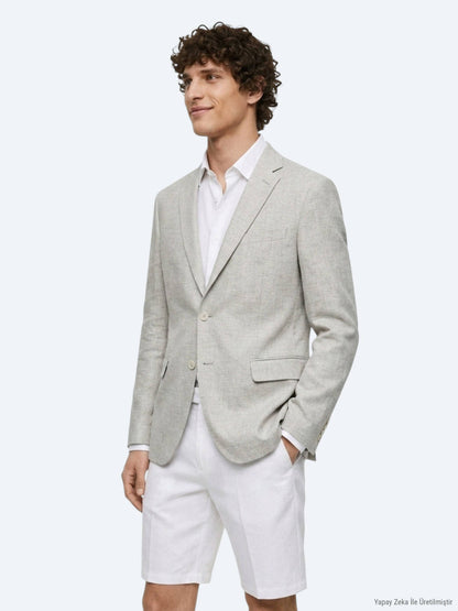 Bej Desenli Modern Fit Keten Karışımlı Ceket