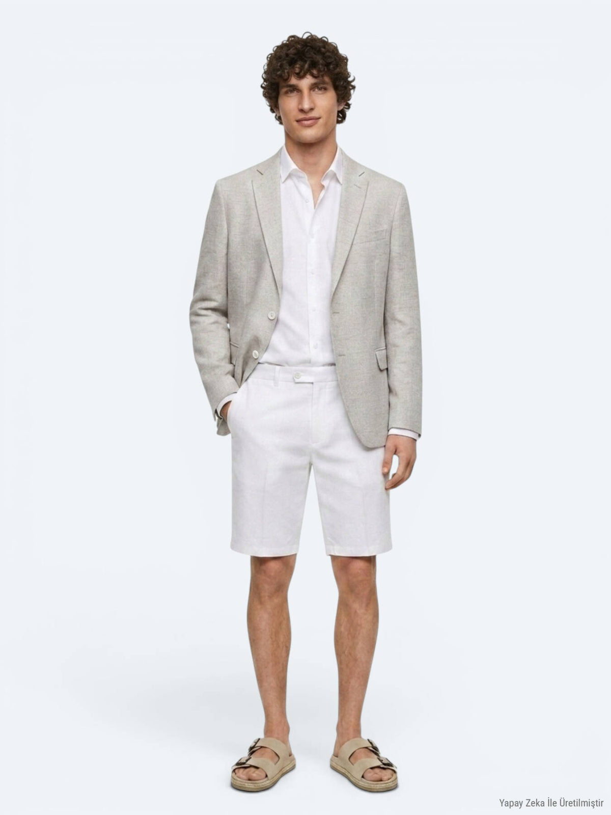 Bej Desenli Modern Fit Keten Karışımlı Ceket