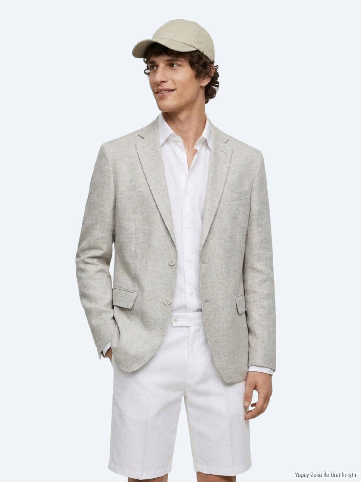 Bej Desenli Modern Fit Keten Karışımlı Ceket