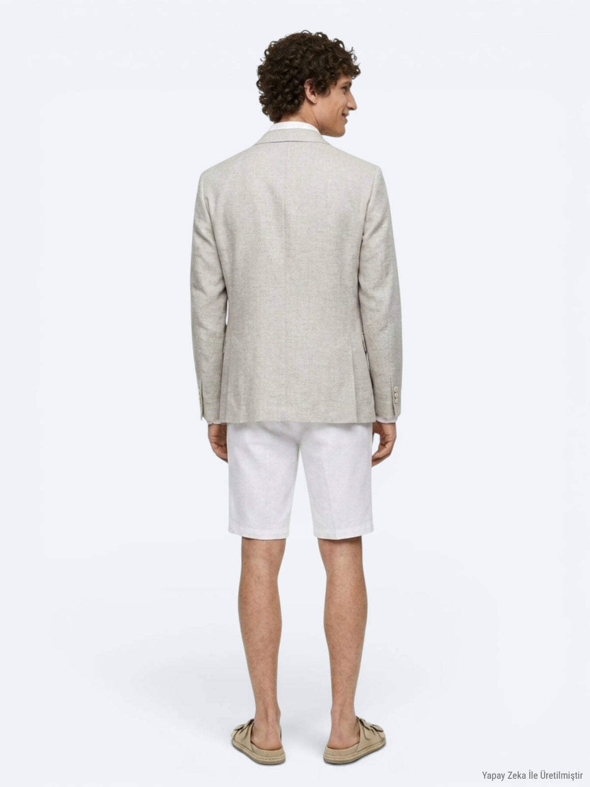Bej Desenli Modern Fit Keten Karışımlı Ceket