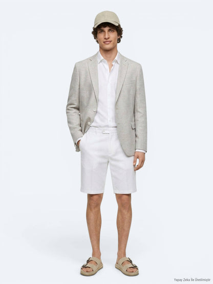 Bej Desenli Modern Fit Keten Karışımlı Ceket