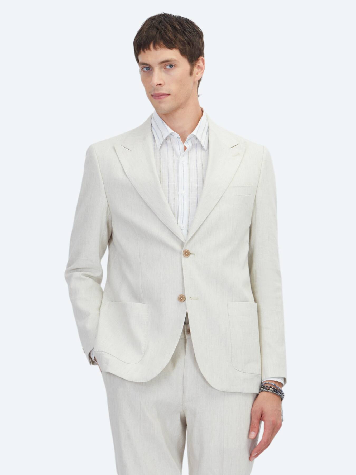 Bej Desenli Modern Fit Keten Karışımlı Takım Elbise