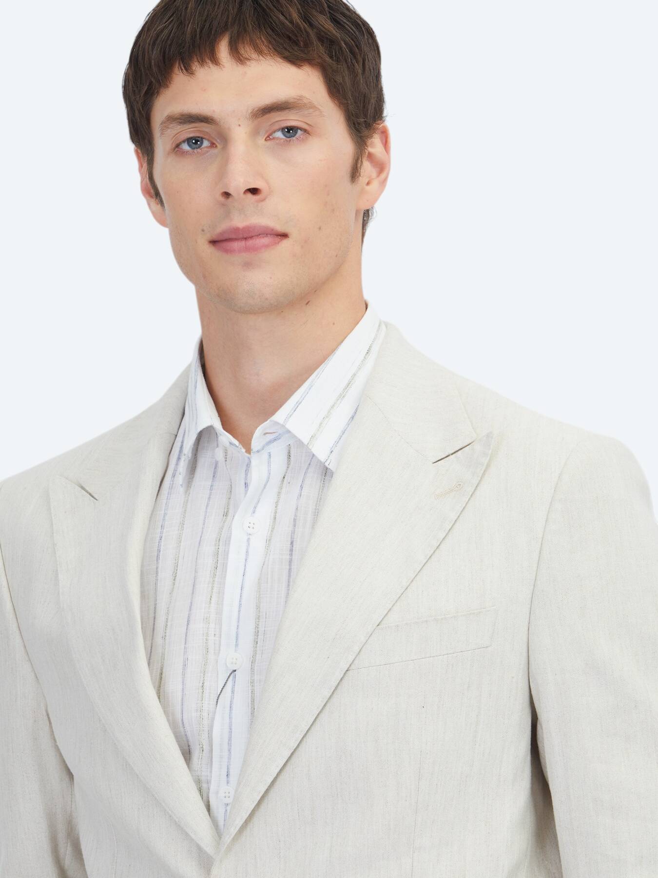Bej Desenli Modern Fit Keten Karışımlı Takım Elbise
