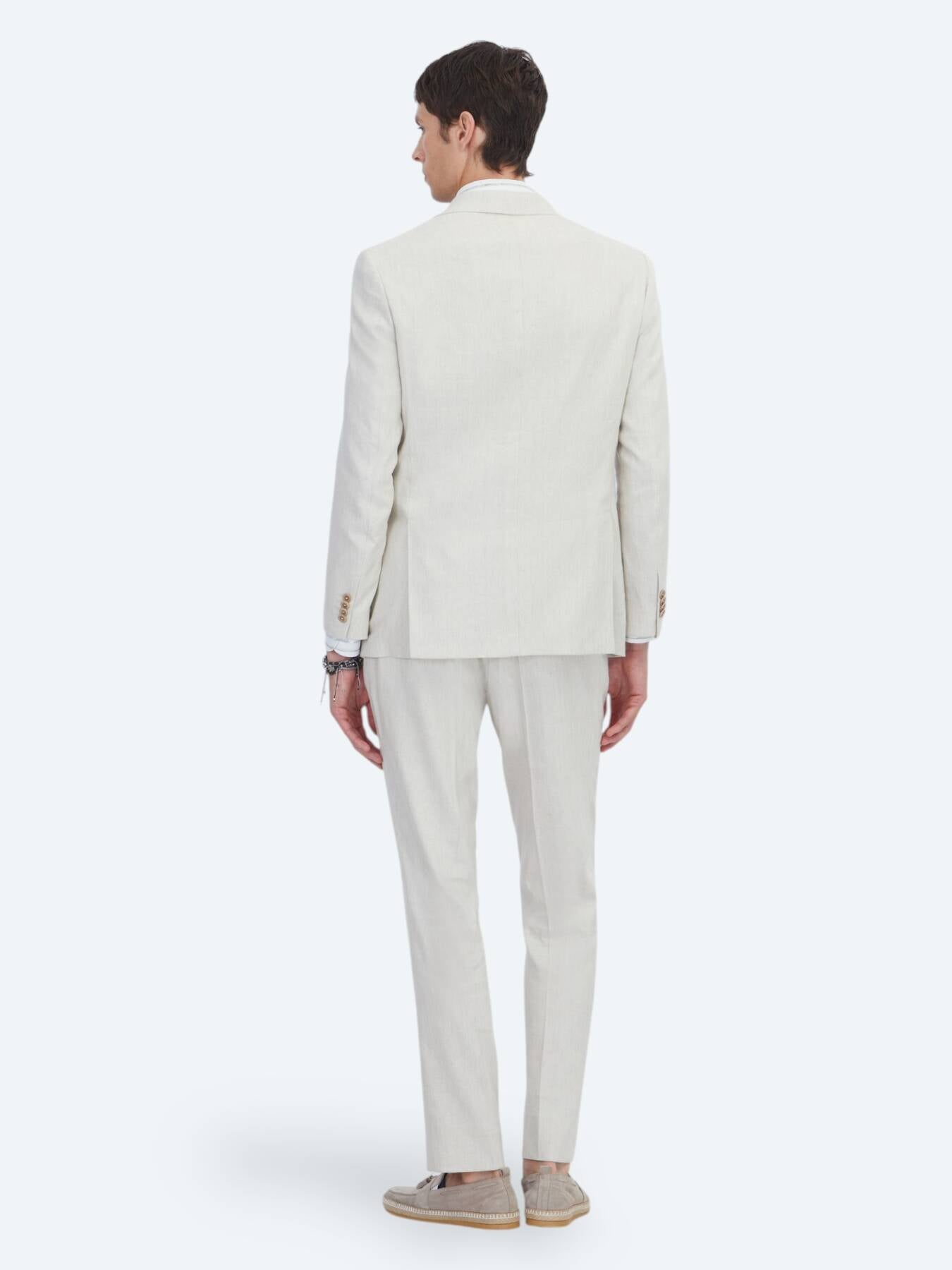 Bej Desenli Modern Fit Keten Karışımlı Takım Elbise