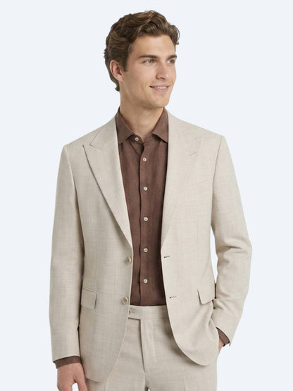 Bej Desenli Modern Fit Yün Karışımlı Takım Elbise