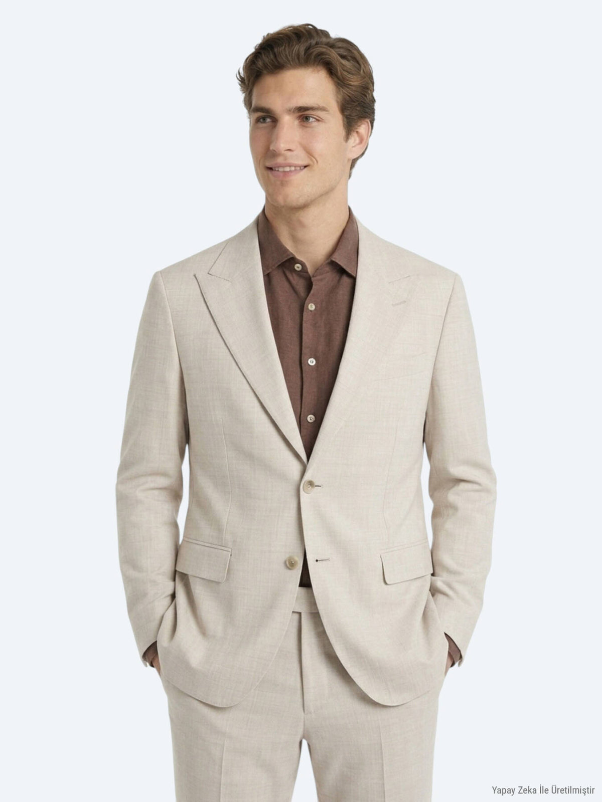 Bej Desenli Modern Fit Yün Karışımlı Takım Elbise