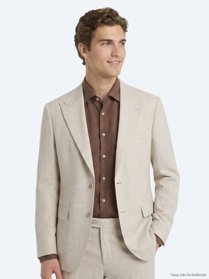 Bej Desenli Modern Fit Yün Karışımlı Takım Elbise