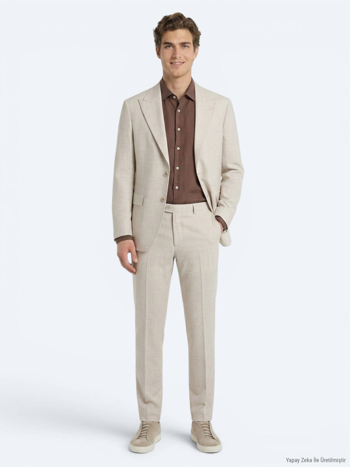 Bej Desenli Modern Fit Yün Karışımlı Takım Elbise