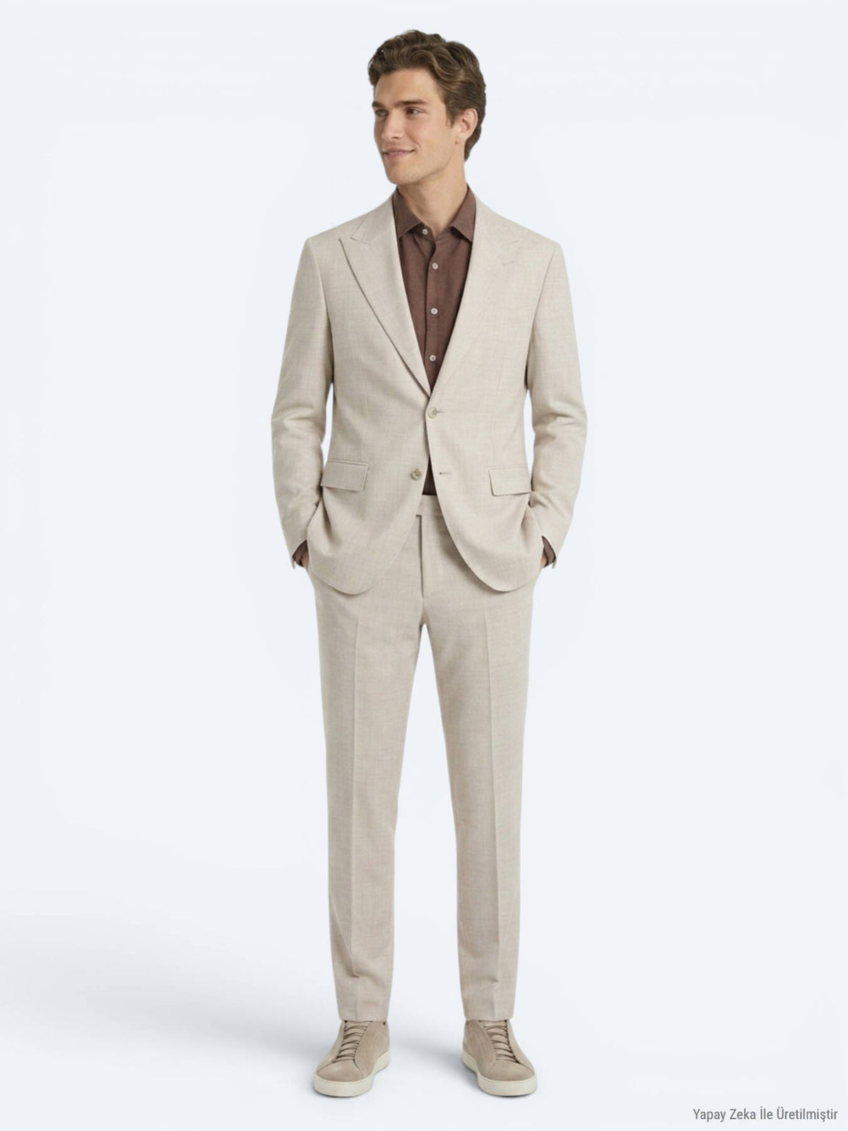 Bej Desenli Modern Fit Yün Karışımlı Takım Elbise
