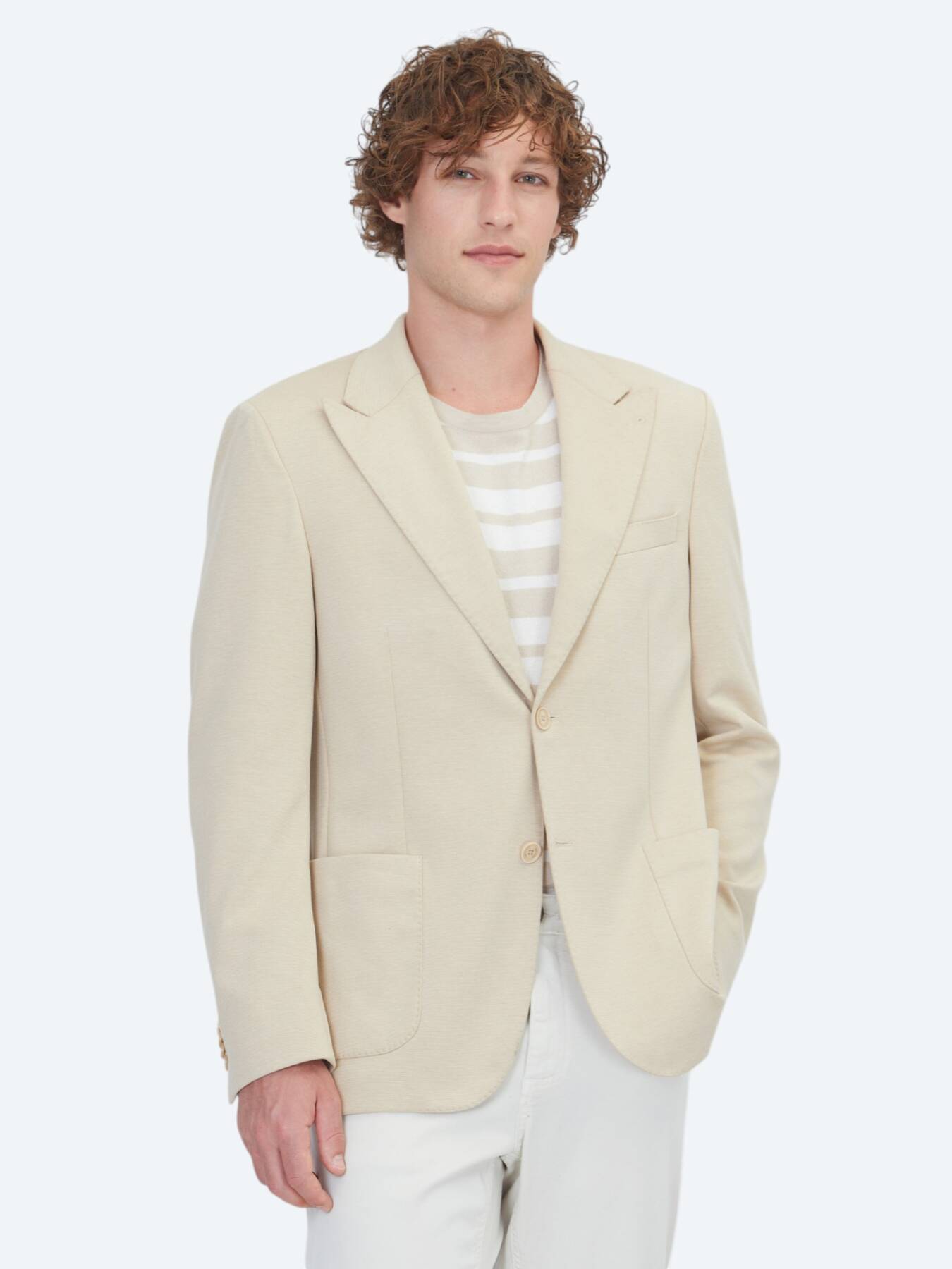 Bej Düz Modern Fit Pamuk Karışımlı Örme Ceket