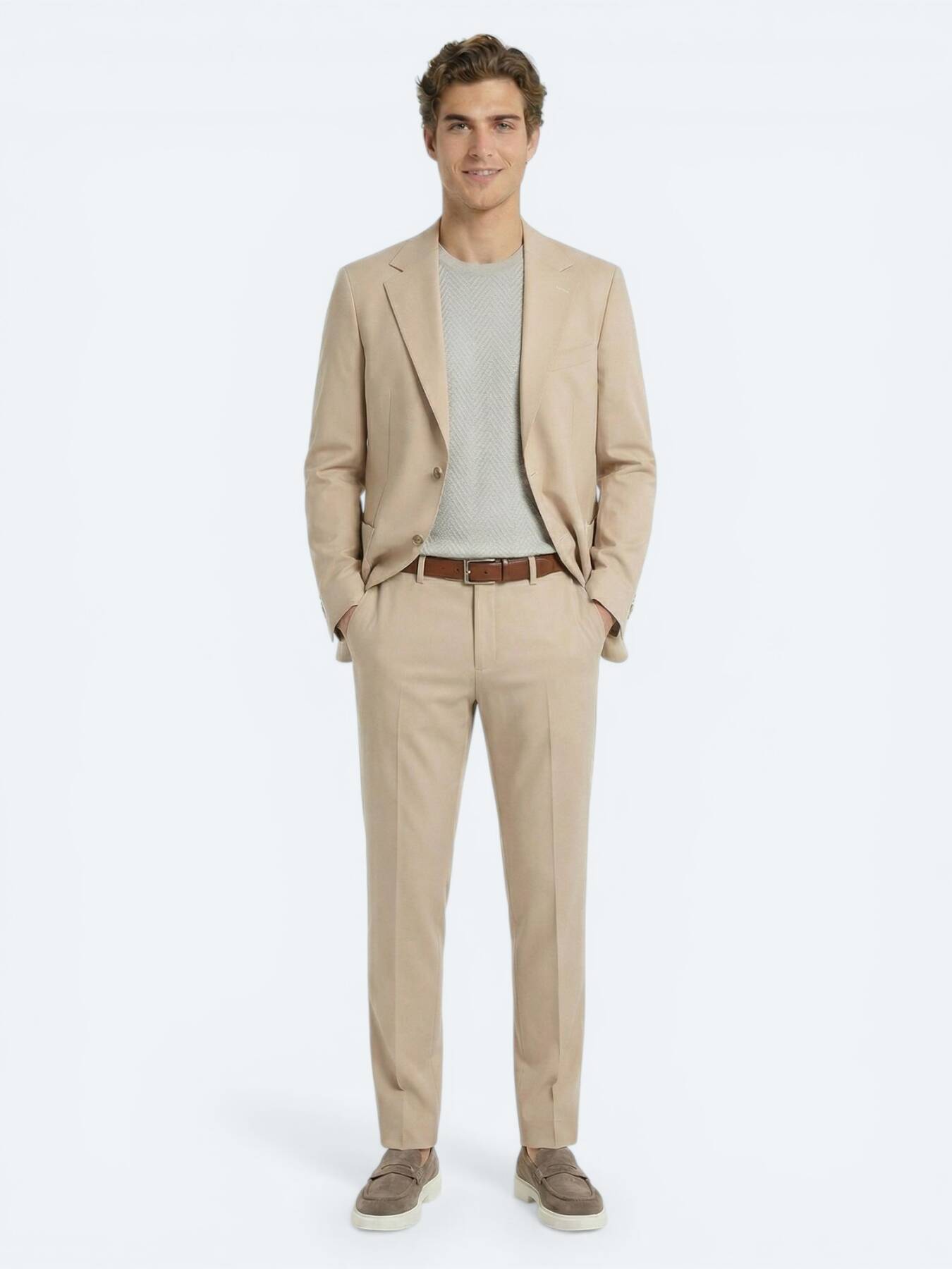 Bej Düz Modern Fit Takım Elbise