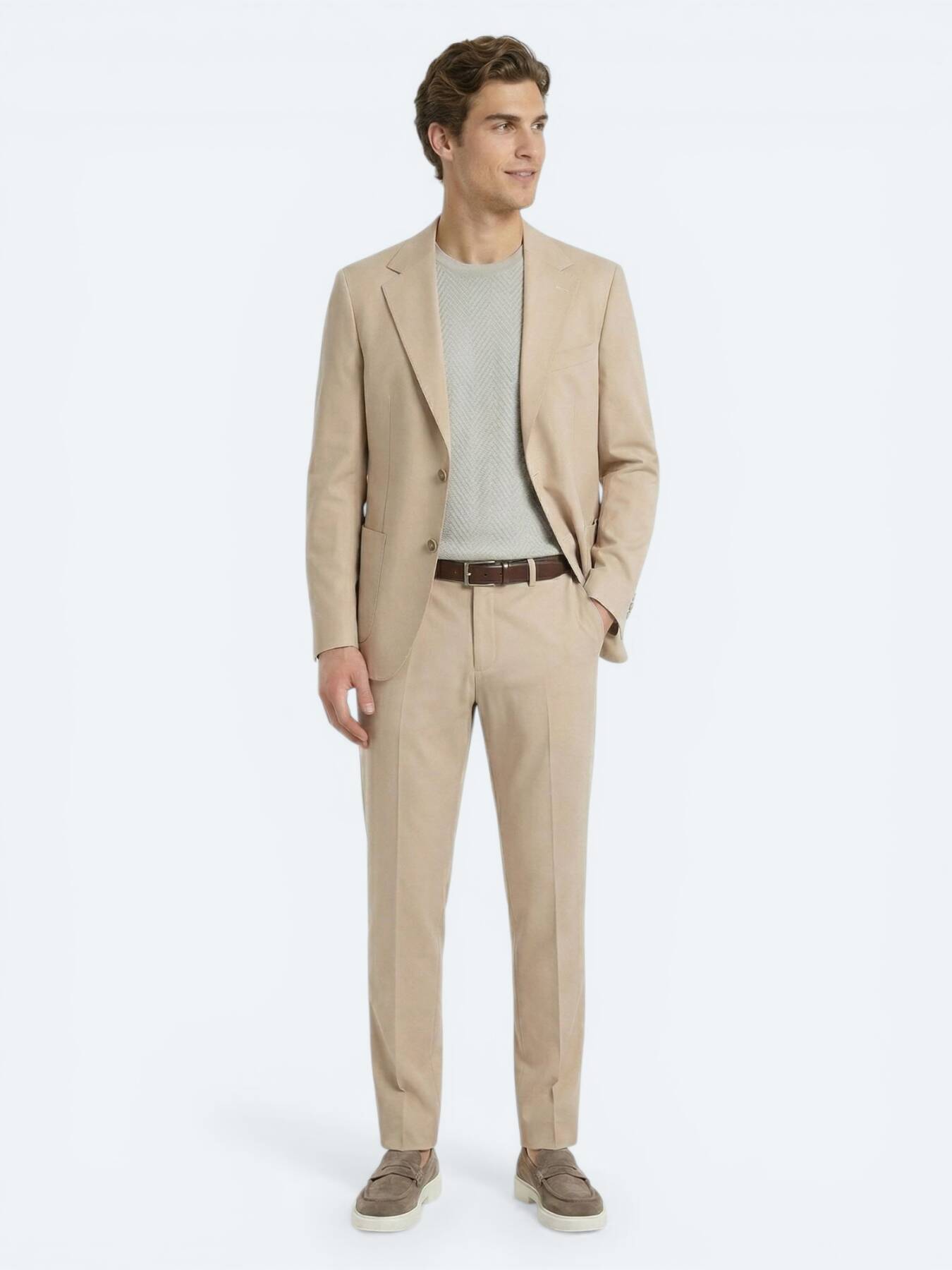 Bej Düz Modern Fit Takım Elbise