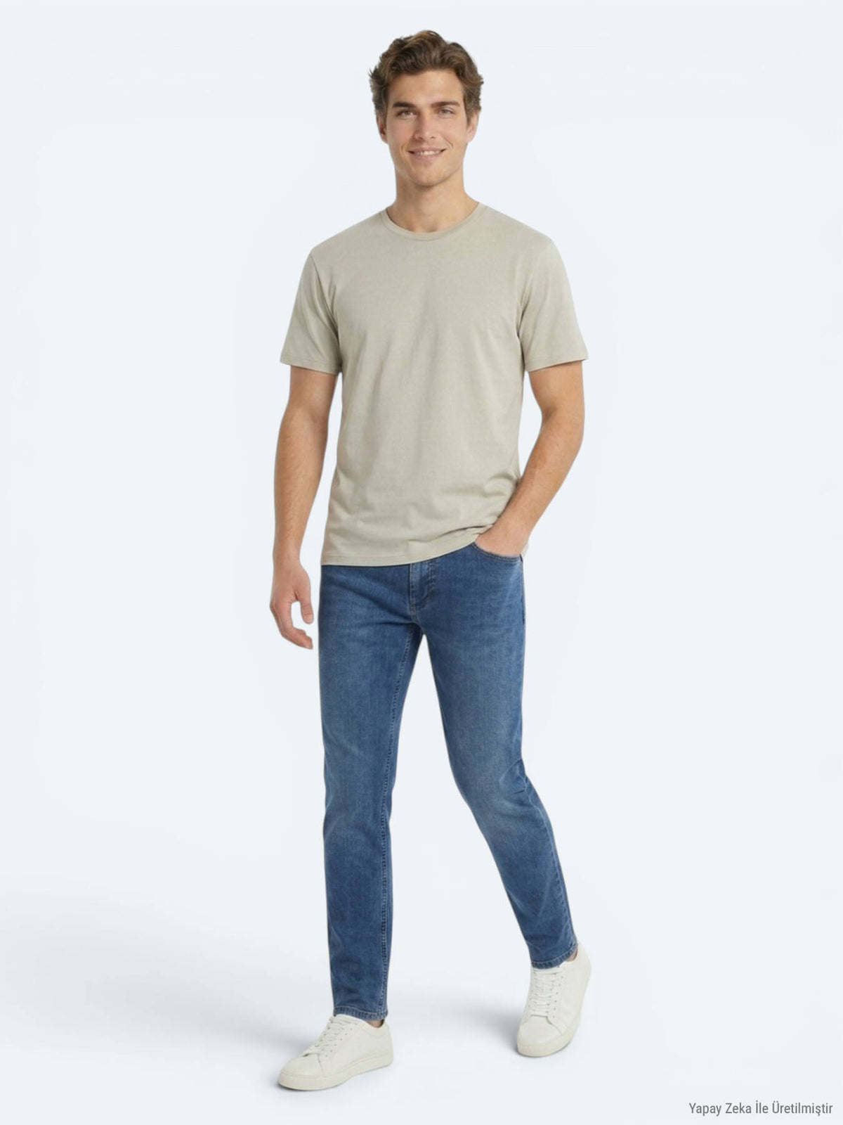 Bej Düz Pamuk Karışımlı T-shirt