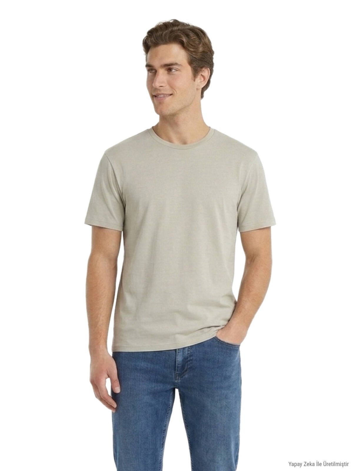 Bej Düz Pamuk Karışımlı T-shirt