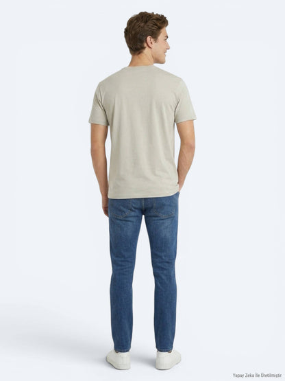 Bej Düz Pamuk Karışımlı T-shirt