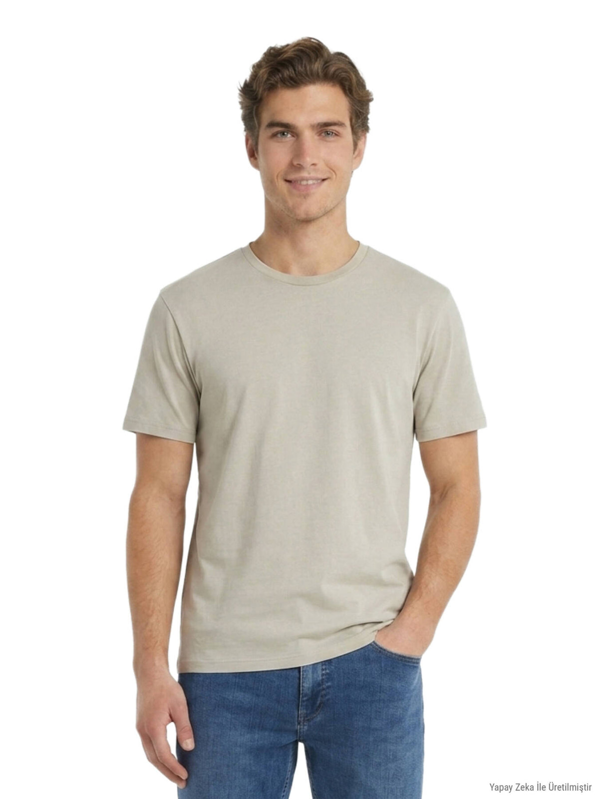 Bej Düz Pamuk Karışımlı T-shirt