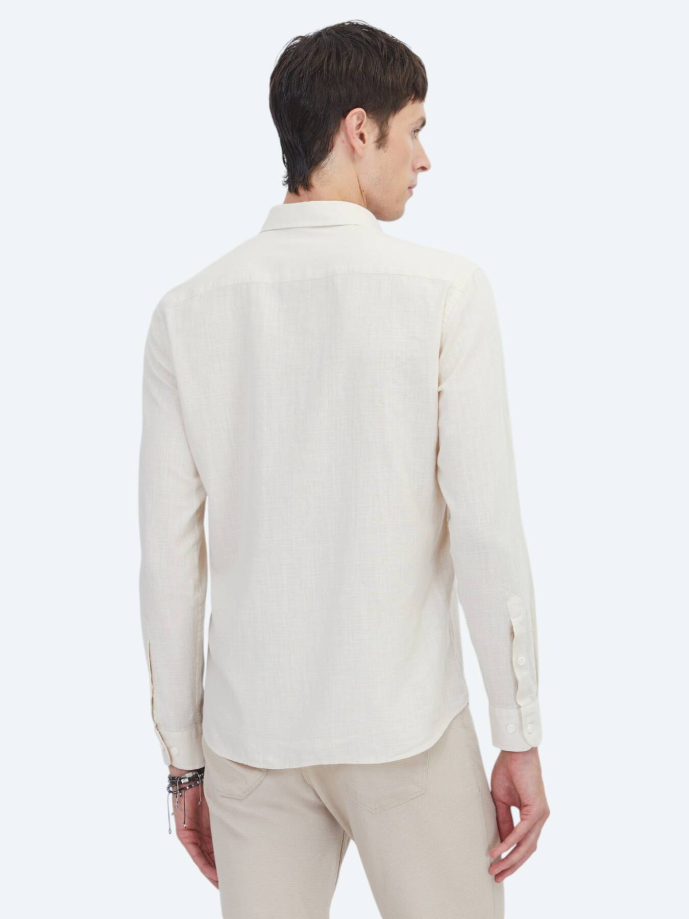 Bej Düz Regular Fit Uzun Dokuma Casual %100 Pamuk Gömlek