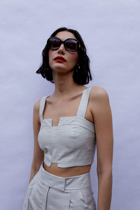 Bej Kalın Askılı Crop Keten Bluz