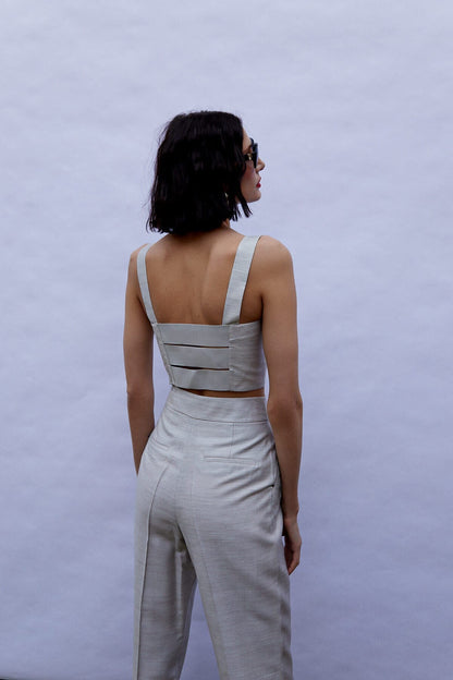 Bej Kalın Askılı Crop Keten Bluz