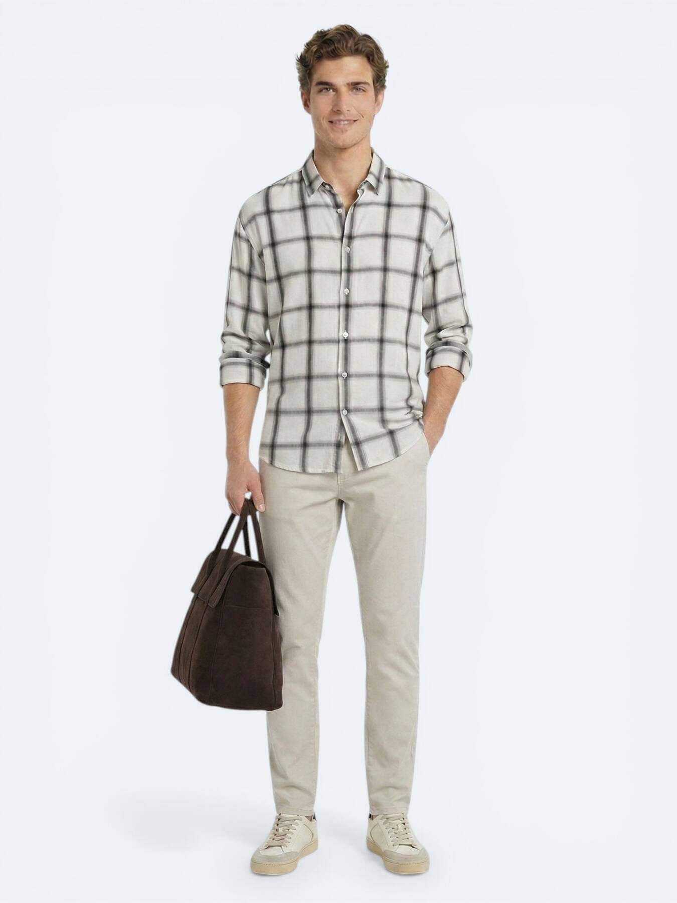Bej Kareli Oversize Fit Uzun Dokuma Casual Gömlek