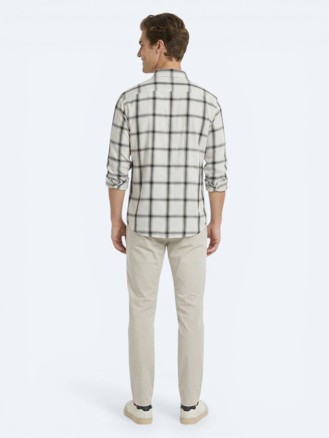 Bej Kareli Oversize Fit Uzun Dokuma Casual Gömlek