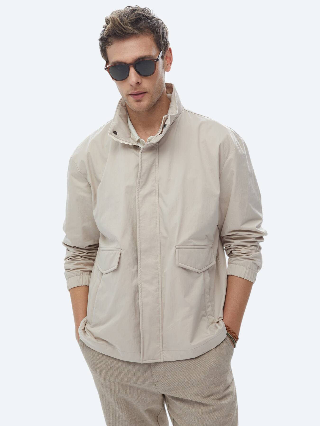 Bej Oversize Fit Dik Yaka Casual Dokuma Mont
