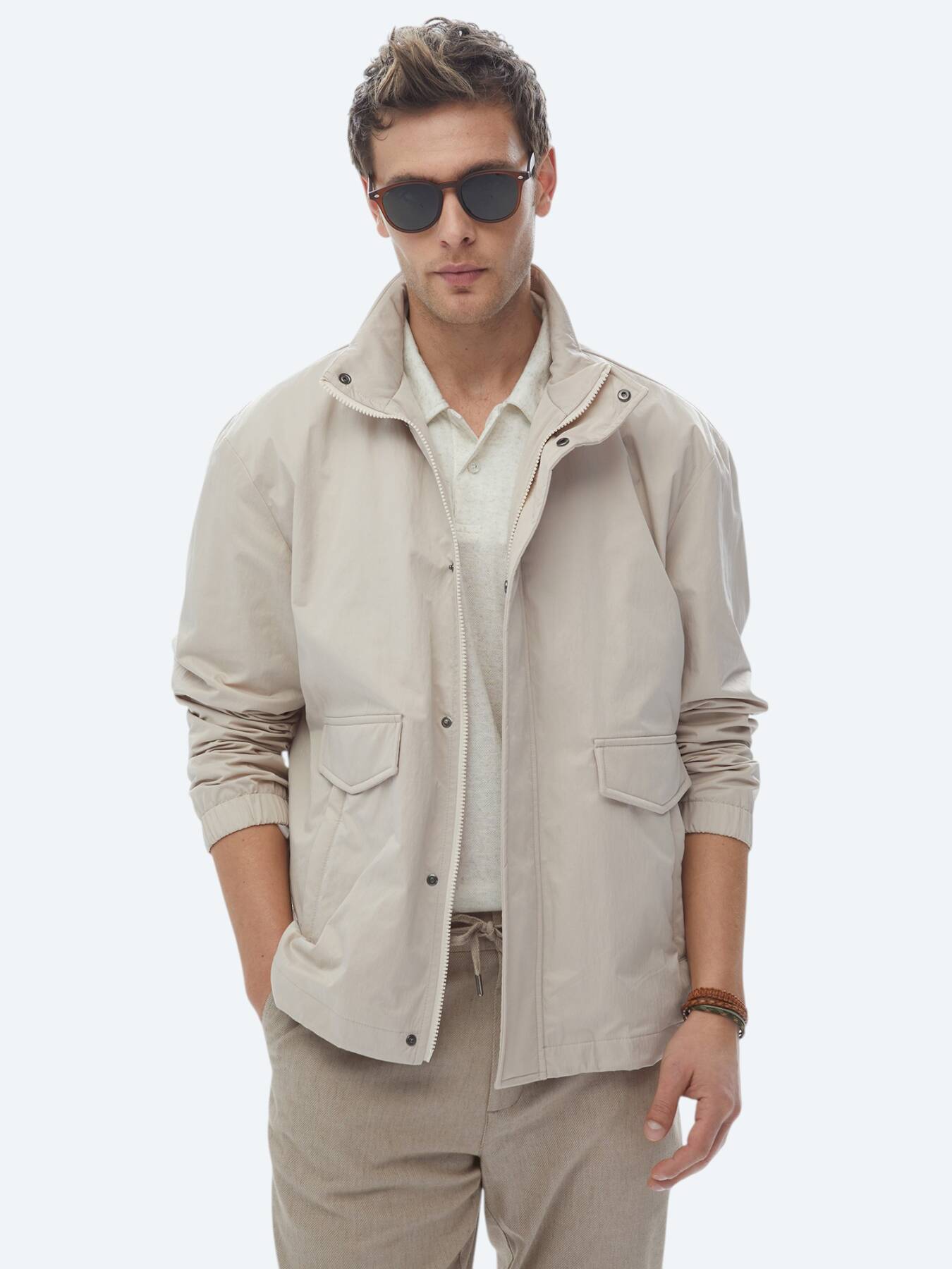 Bej Oversize Fit Dik Yaka Casual Dokuma Mont