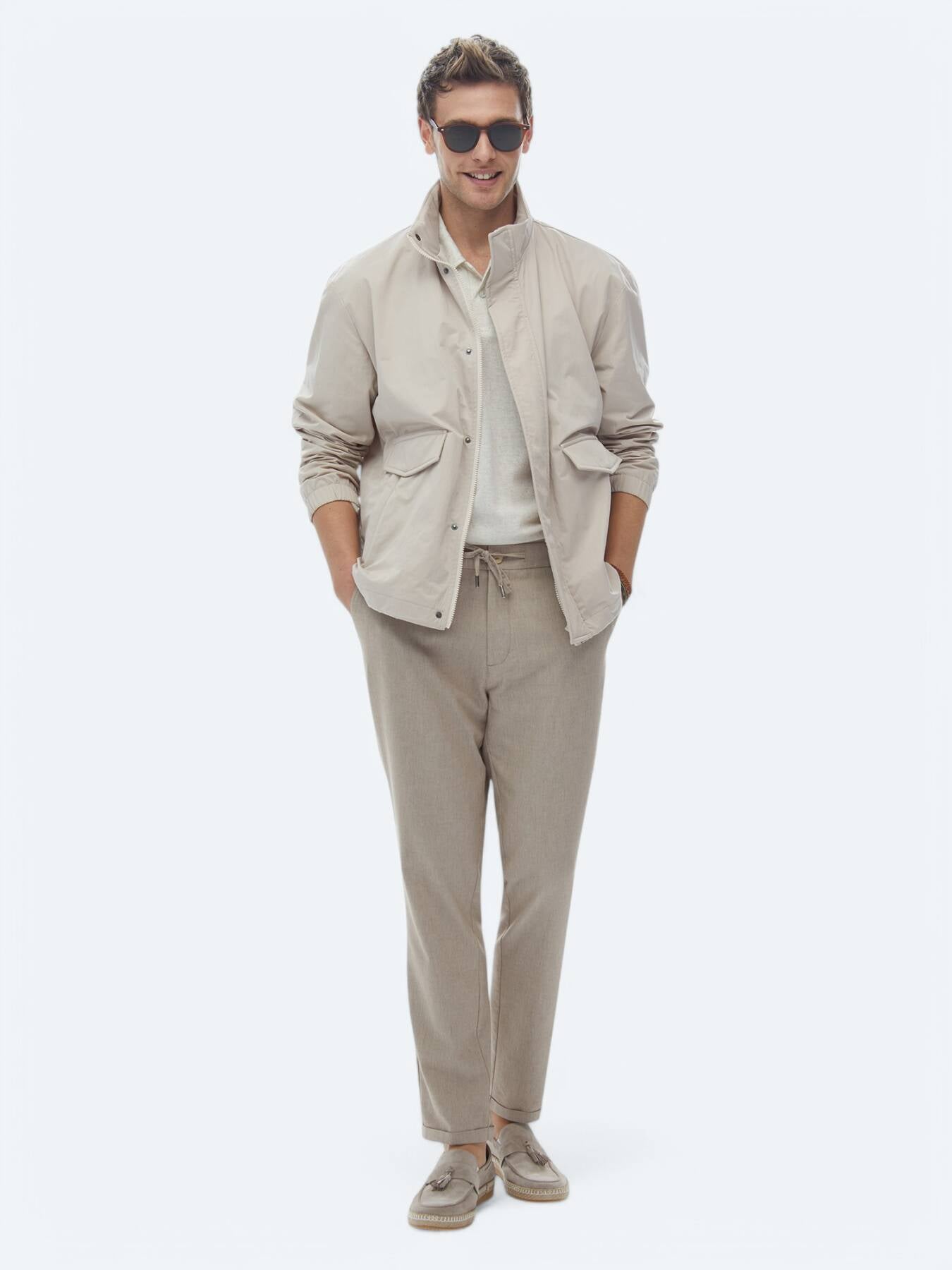 Bej Oversize Fit Dik Yaka Casual Dokuma Mont
