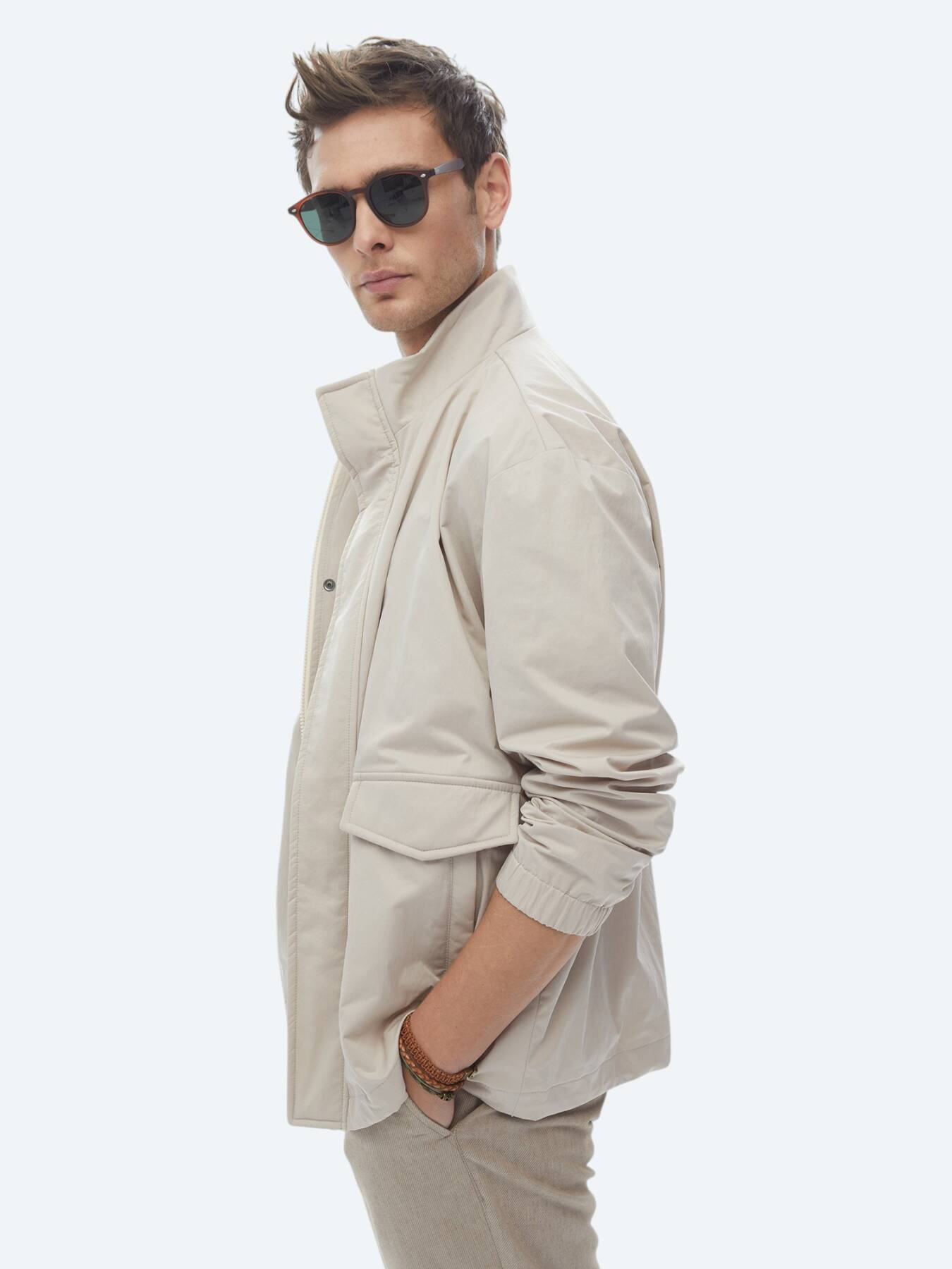 Bej Oversize Fit Dik Yaka Casual Dokuma Mont