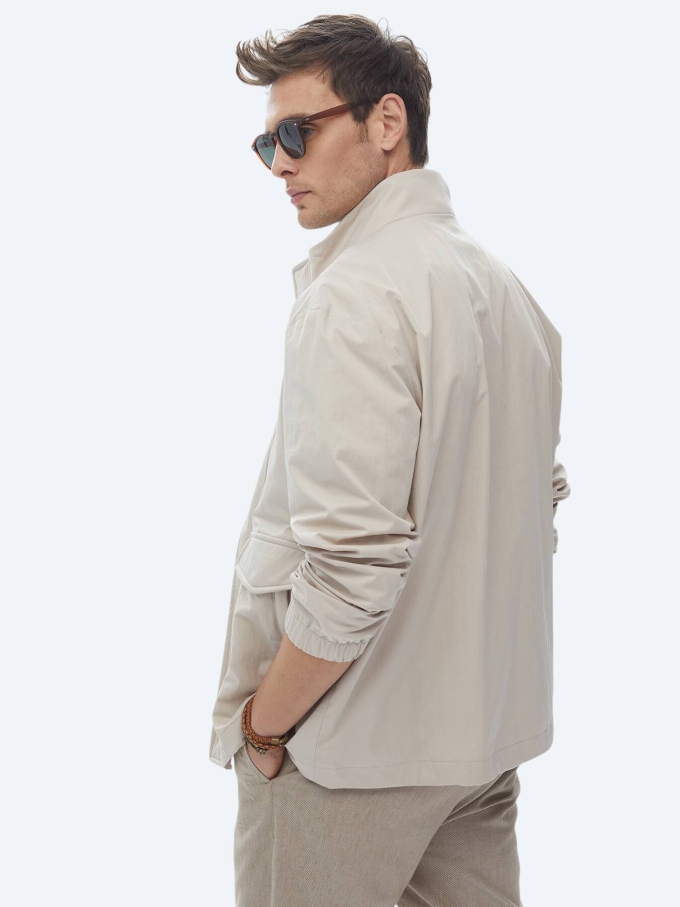 Bej Oversize Fit Dik Yaka Casual Dokuma Mont