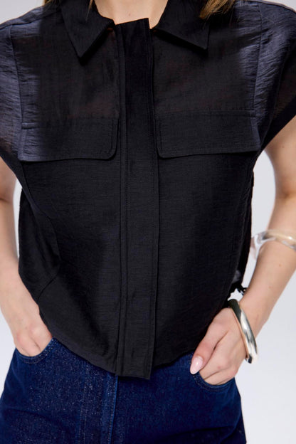 Beli Ayarlanabilir Büzgülü Siyah Crop Gömlek