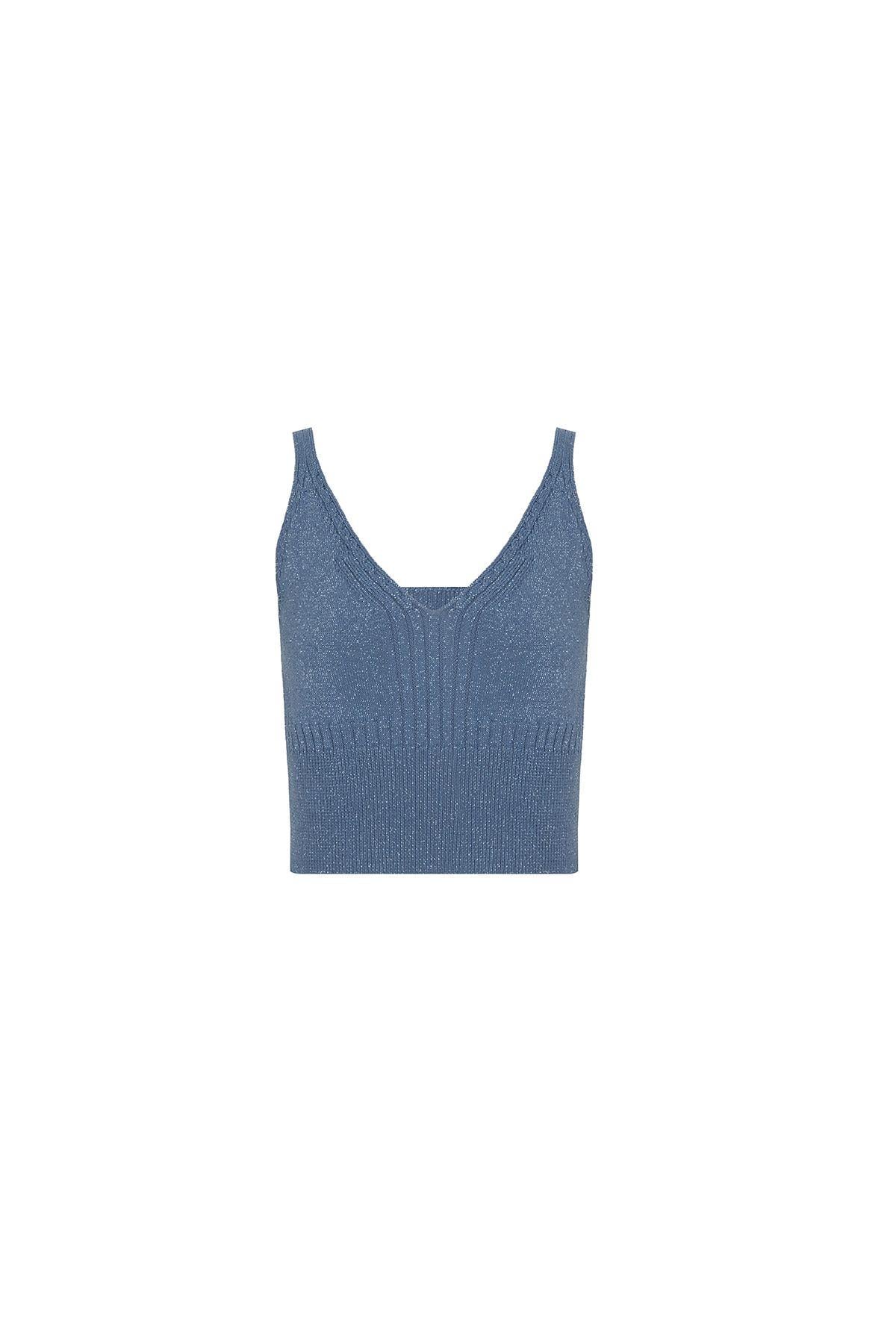 Beli Lastik Detaylı Askılı Mavi Triko Crop Top