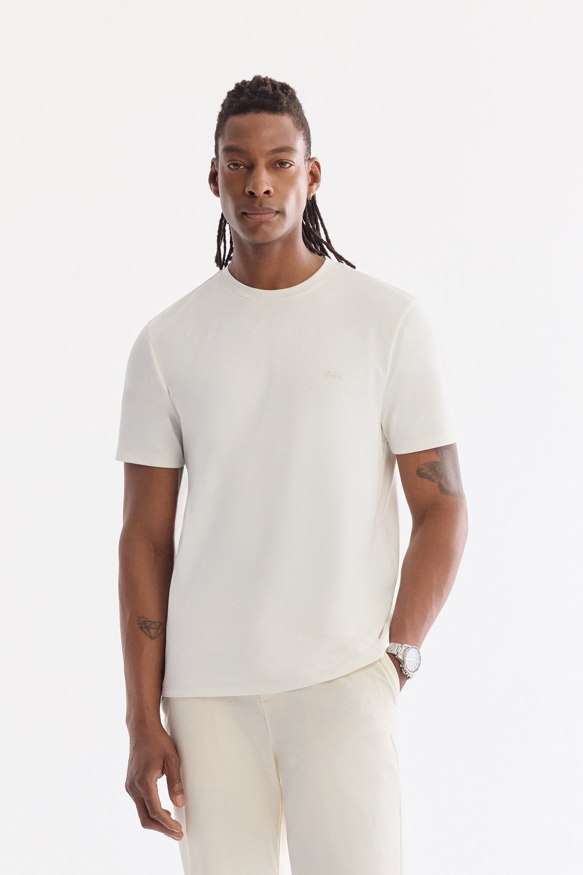 Beyaz Bisiklet Yaka Bi-stretch Kırışmaz Baskılı T-shirt