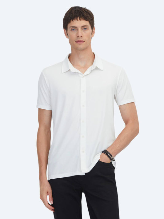 Beyaz Çizgili Regular Fit Kısa Casual Gömlek