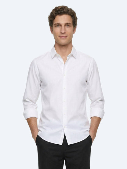 Beyaz Çizgili Regular Fit Uzun Dokuma Casual %100 Pamuk Gömlek