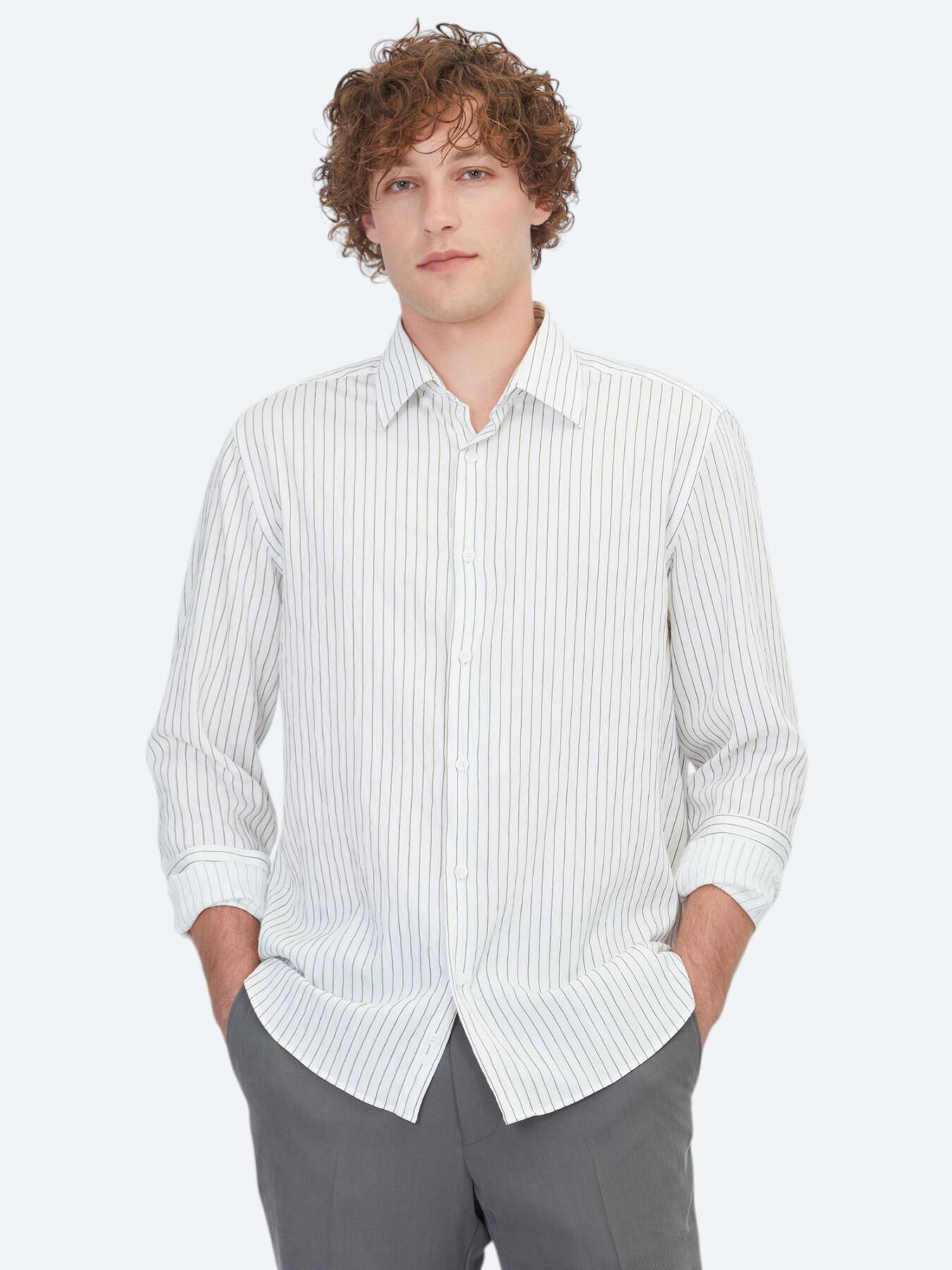 Beyaz Çizgili Regular Fit Uzun Dokuma Casual Gömlek