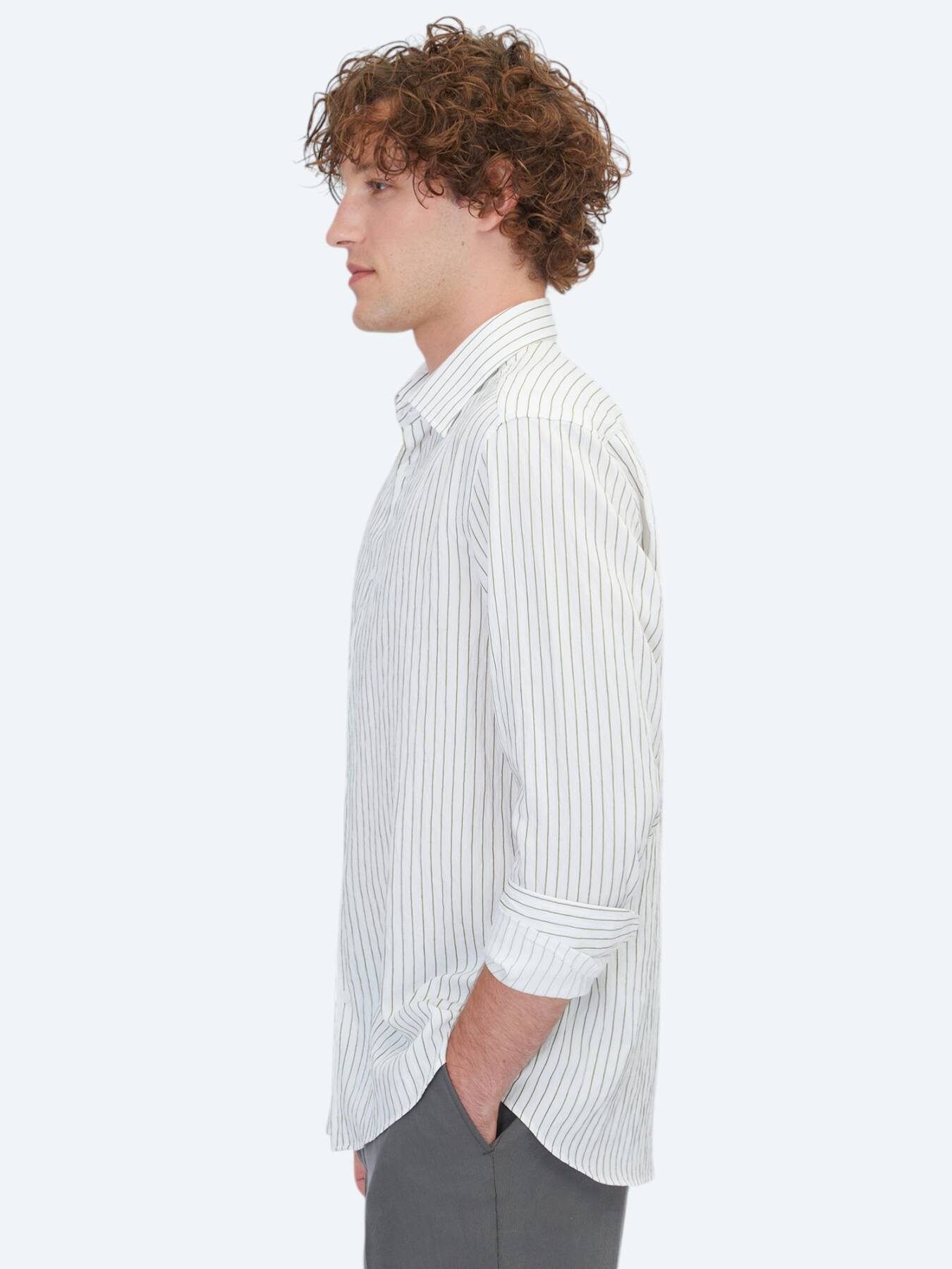Beyaz Çizgili Regular Fit Uzun Dokuma Casual Gömlek
