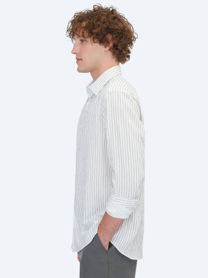 Beyaz Çizgili Regular Fit Uzun Dokuma Casual Gömlek