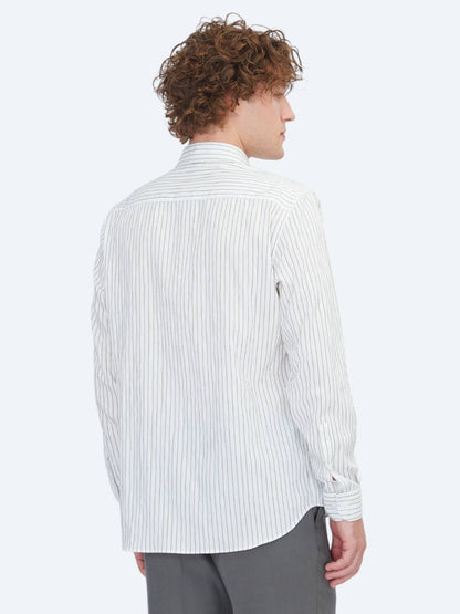 Beyaz Çizgili Regular Fit Uzun Dokuma Casual Gömlek