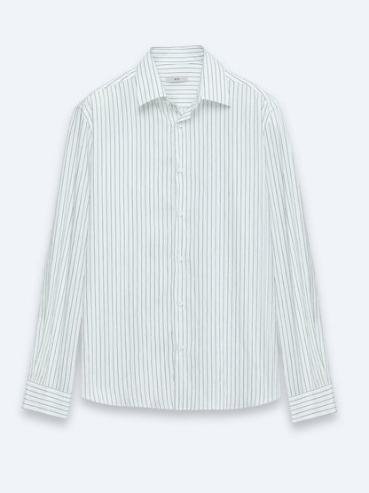 Beyaz Çizgili Regular Fit Uzun Dokuma Casual Gömlek