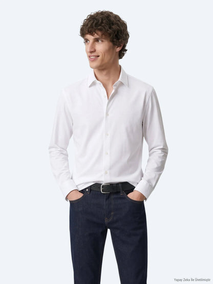 Beyaz Düz Regular Fit Uzun Casual %100 Pamuk Gömlek