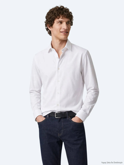 Beyaz Düz Regular Fit Uzun Casual %100 Pamuk Gömlek