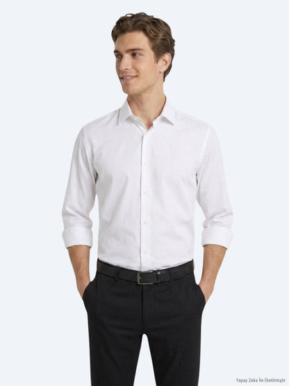 Beyaz Düz Regular Fit Uzun Casual Gömlek