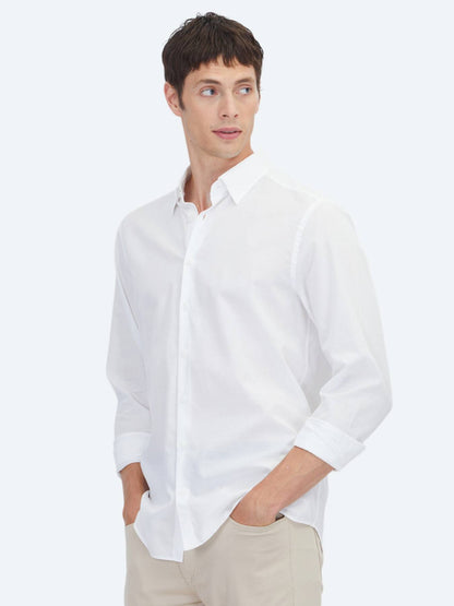 Beyaz Düz Regular Fit Uzun Dokuma Casual %100 Pamuk Gömlek