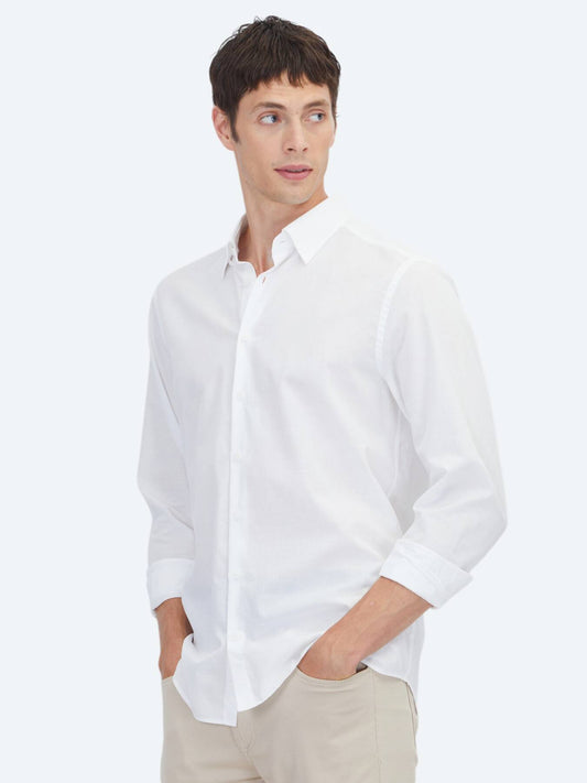 Beyaz Düz Regular Fit Uzun Dokuma Casual %100 Pamuk Gömlek