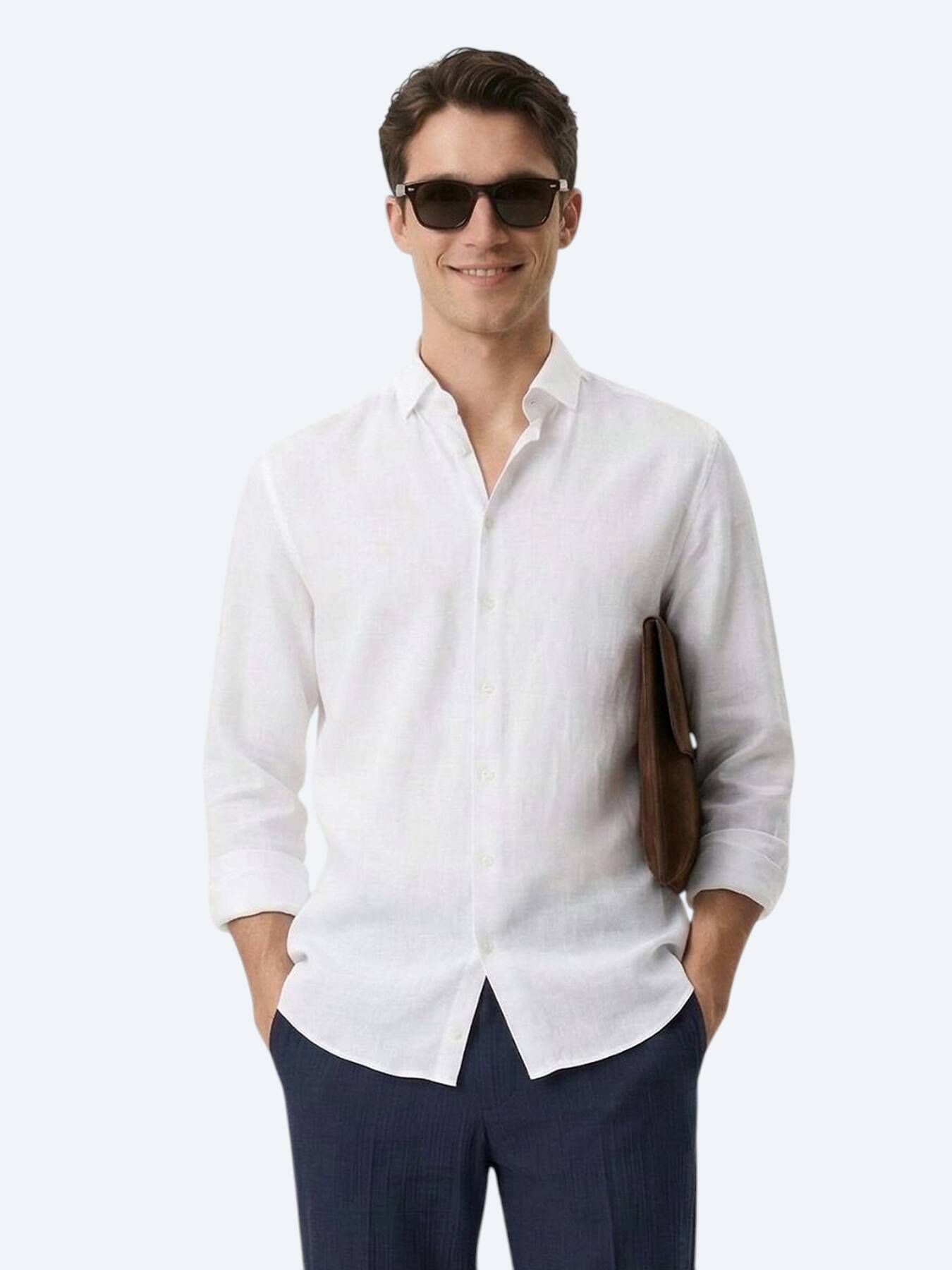 Beyaz Düz Regular Fit Uzun Dokuma Casual Pamuk Karışımlı Gömlek